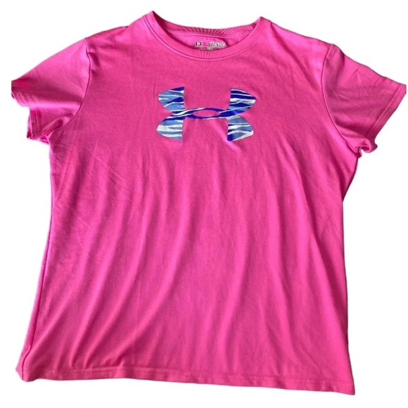 UNDER ARMOUR GIRLS PINK HEATGEAR HEAT GEAR SHIRT TOP SHORT SLEEVE SIZE YXL XL - Picture 1 of 2